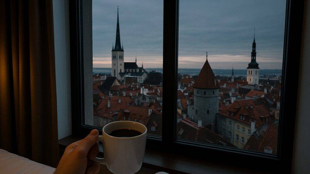 タリン旧市街のホテルの部屋で朝のコーヒーを。