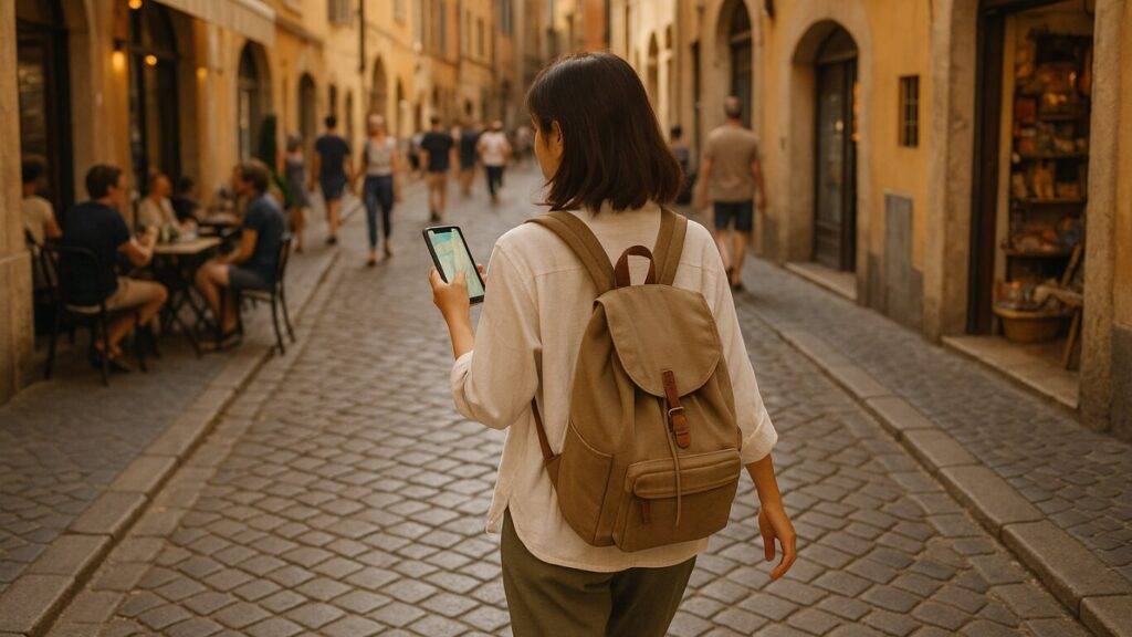 1人の日本人女性旅行者(32歳)が、口コミで選んだWorld eSIMを使ってネット環境を整え、スマートフォンの地図アプリを見ながら歩いている様子。