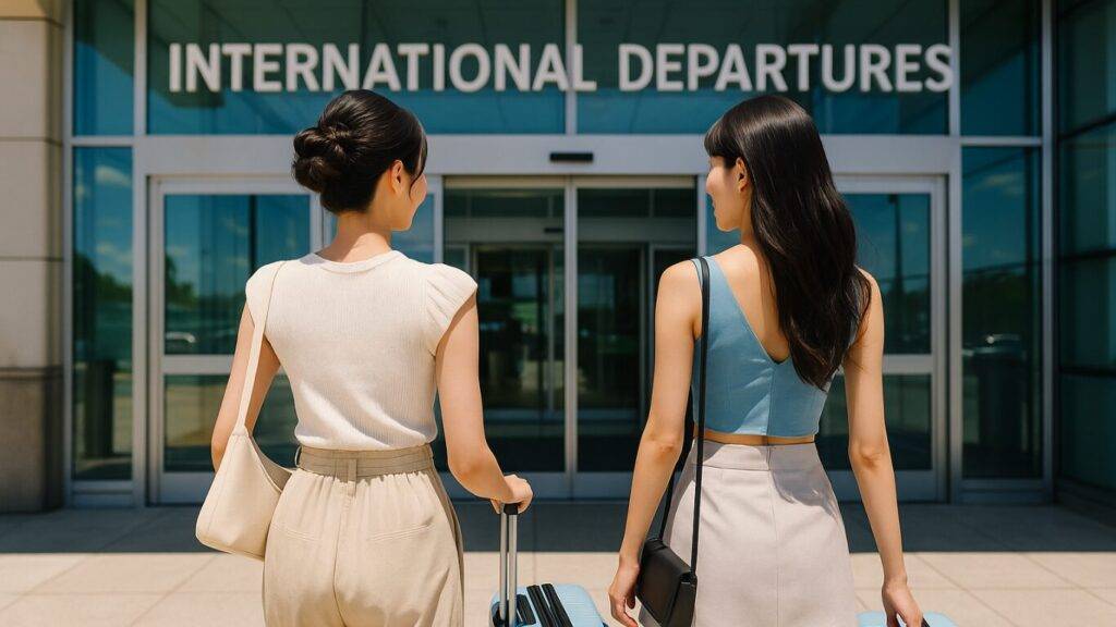 韓国へ女子旅。出発するために国際線に向かう2人の女性。