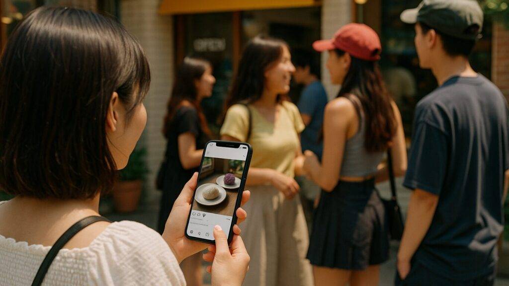 韓国ソウル・聖水洞の人気スポット。行列覚悟！限定フレーバーが話題の創作もちスイーツ店に訪れた女性。