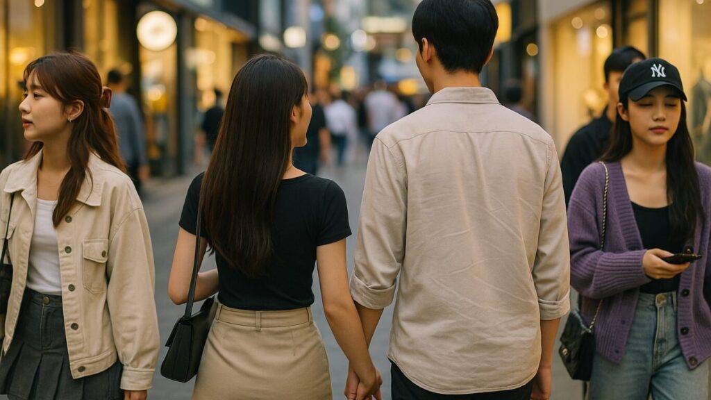 韓国ソウルを旅行で訪れ、狎鴎亭(アックジョン)の街をデートする男女。