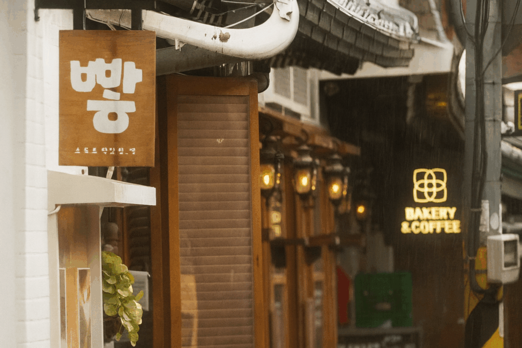 益善洞の韓屋が並ぶ路地にあるベーカリーの看板。レトロで温かい雰囲気の散策スポット。