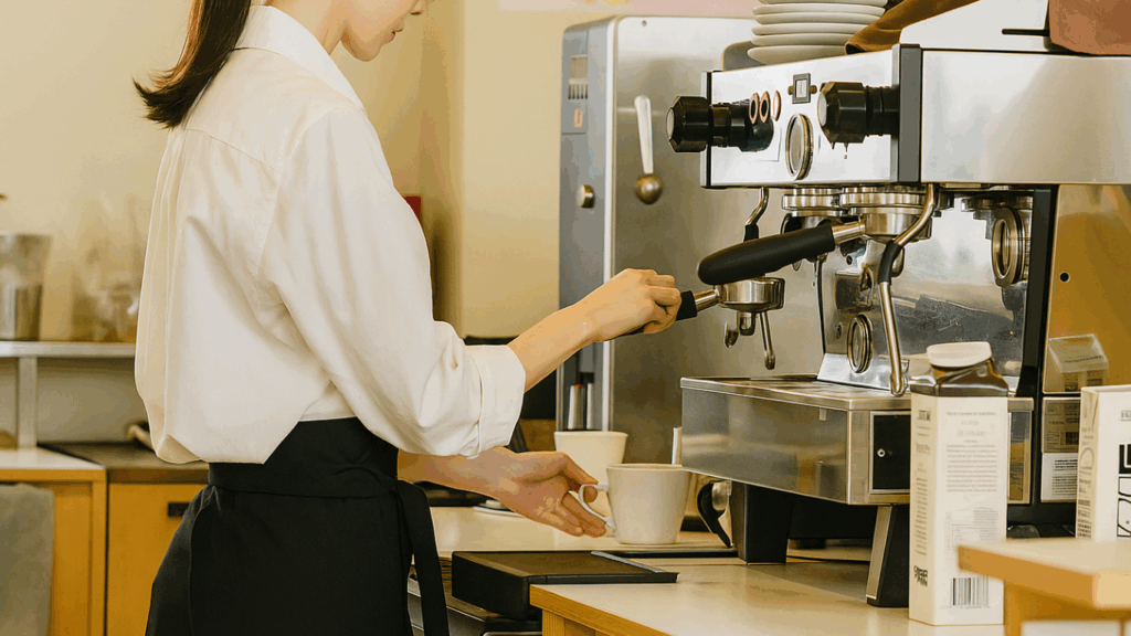 白いシャツに黒いエプロンを着た女性バリスタが、エスプレッソマシンの前でドリンクを準備している様子。髪は後ろでひとつに束ねられており、清潔感のある店内にはステンレスの光沢や自然光が柔らかく反射している。