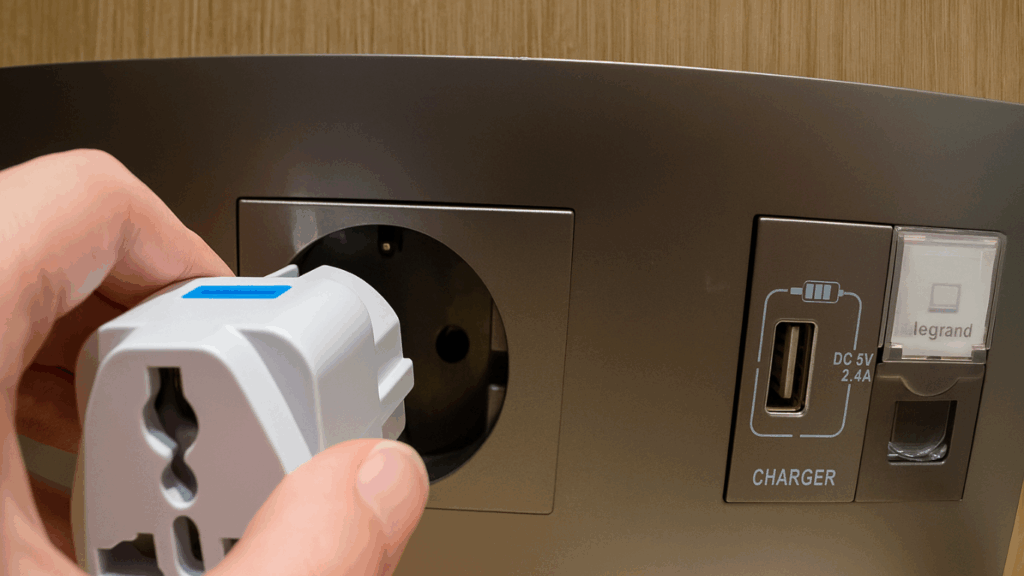 女性の手が白い電源アダプターをステンレス製のコンセントに差し込もうとしている様子。木目調の壁面とUSB充電ポートも写っている。