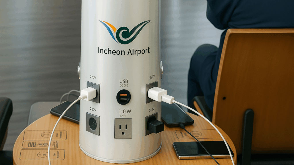 インチョン空港の充電ステーション。220Vコンセント、USBポート、110Vコンセントを備え、複数のデバイスが接続されている。