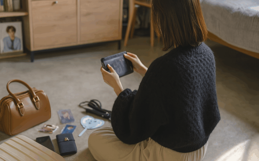 韓国K-POP推し活旅行の準備をする若い女性の後ろ姿 パスポートとK-POPグッズを持ち床に座る様子 ソウルホテル宿泊ガイド用アイキャッチ画像