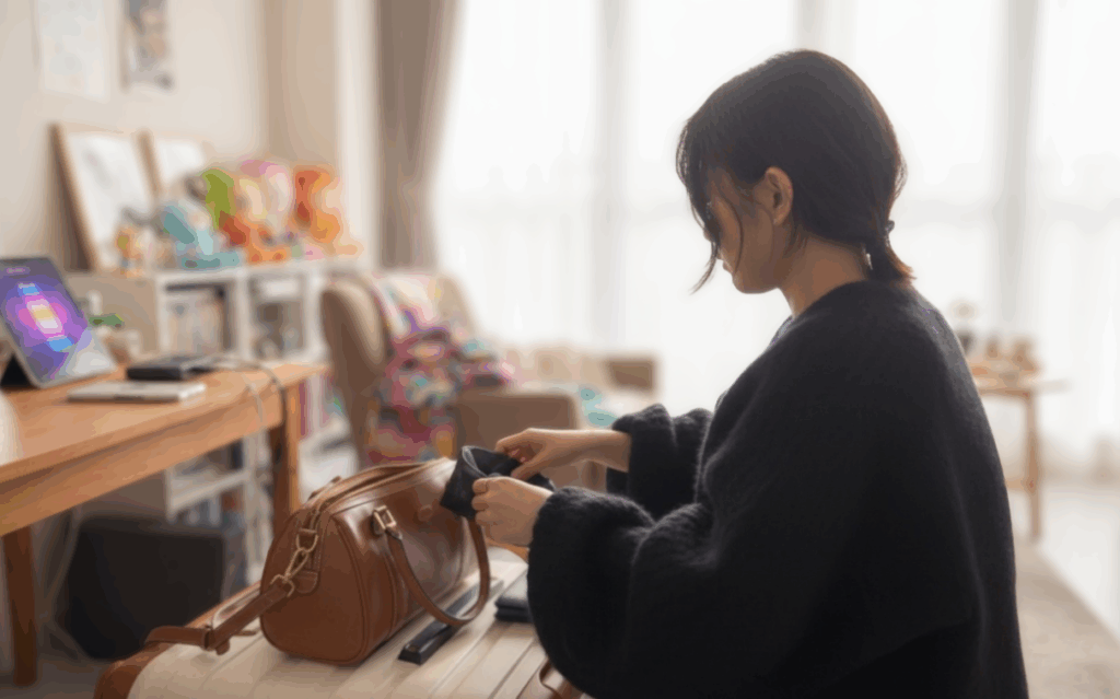 韓国K-POP推し活旅行の準備中 茶色のバッグにグッズを詰める若い女性の横顔 背景にカラフルなK-POPグッズコレクション ソウル旅行計画イメージ
