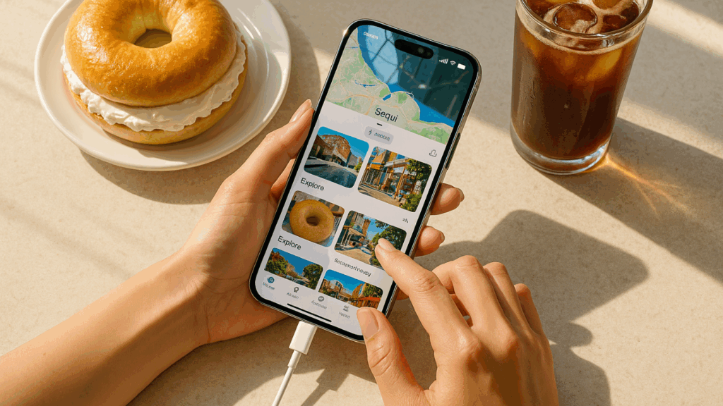 ソウル・延南洞の明るくおしゃれなカフェでスマホの充電。クリームチーズたっぷりのベーグルとアイスアメリカーノの横で、iPhone 16 Proを使って旅行アプリを操作している手元のトップダウン写真