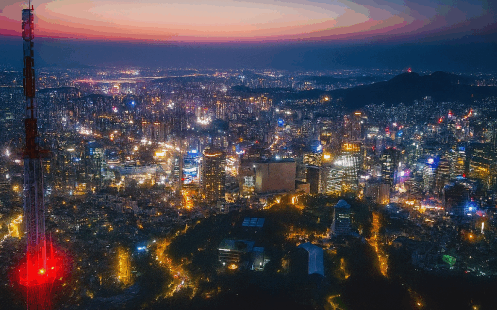 Nソウルタワーの展望台から見下ろしたソウルの夜景。夕焼けの残る空の下、街全体の光が広がるパノラマビューが広がっている。