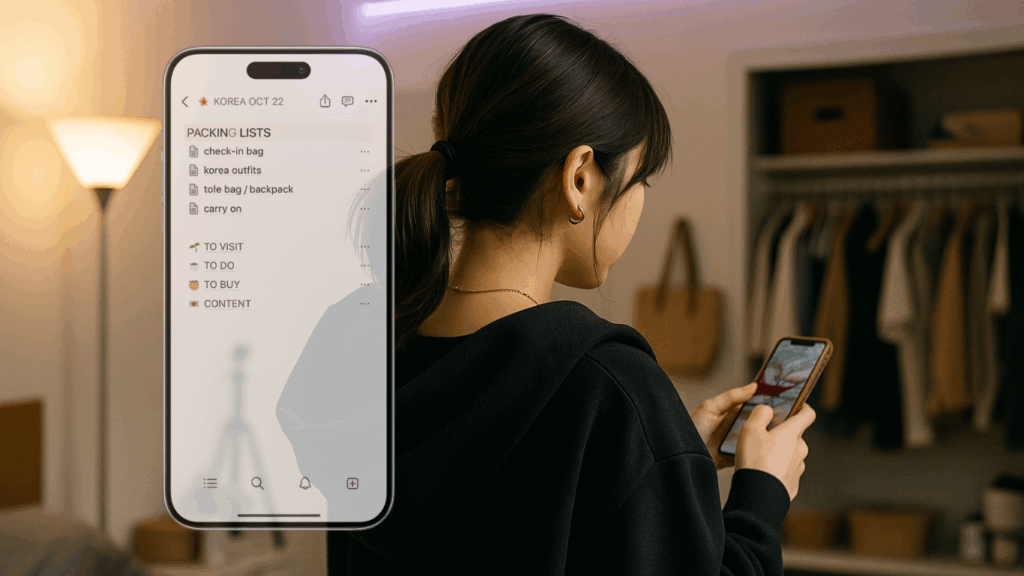 韓国旅行のパッキングリストをスマホで確認する20代女性の後ろ姿と、整然としたクローゼットが映る部屋の様子