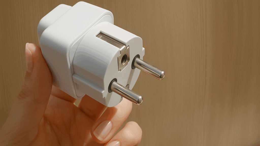 白い変換プラグアダプターをナチュラルネイルを施した女性の手が持っている様子。背景は木目調の壁。