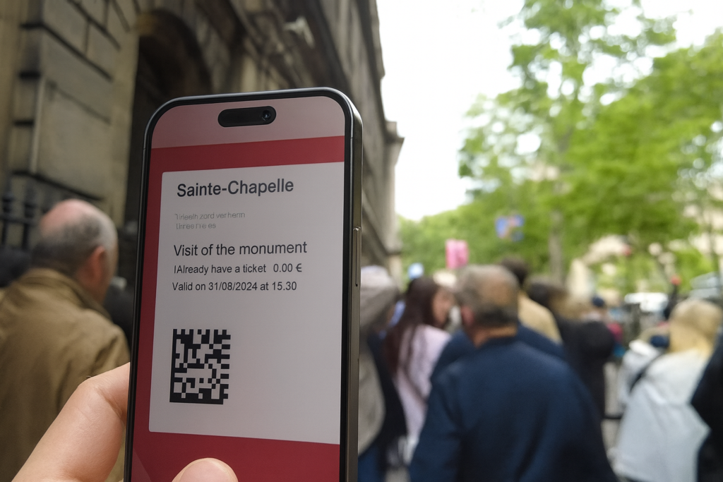 サント・シャペル入場用のQRチケットをスマートフォンで提示する旅行者の手元。ヨーロッパ観光でオンラインチケットを使うシーンを示す画像。