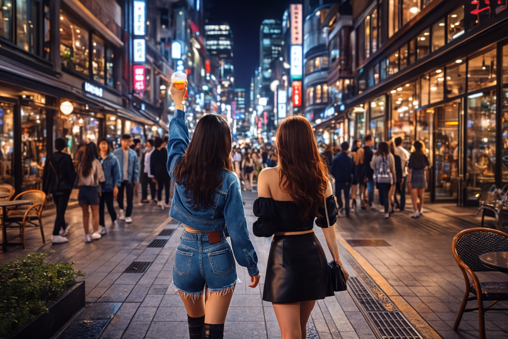 韓国の若者に人気のスポットを夜に歩く2人の女性。にぎやかなナイトストリートで撮影された、韓国らしい雰囲気の街並み。
