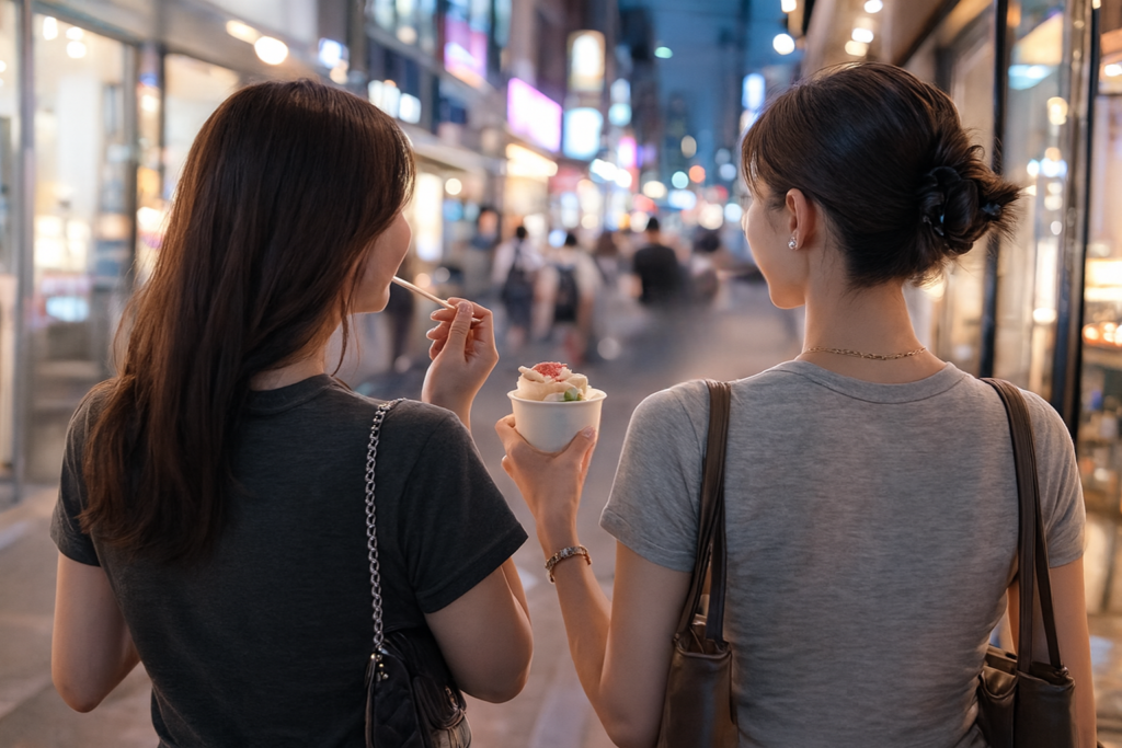 韓国の若者に人気のスポットを夜に散策しながらデザートを楽しむ2人の女性の後ろ姿。にぎやかな街並みが広がる韓国らしいナイトシーン。