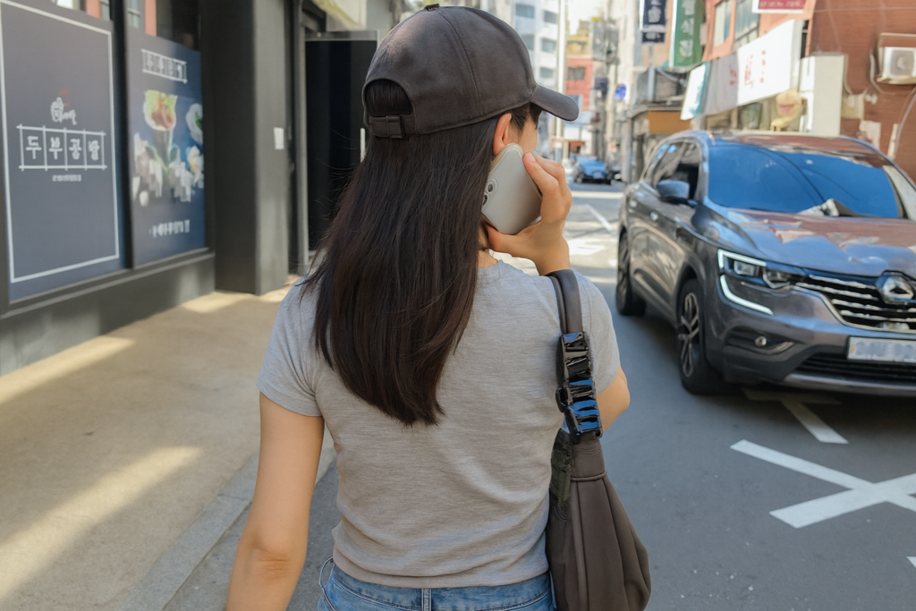 韓国の街中で女性旅行者がスマホを使って家族や友人とLINE通話をしているイメージ。データ通信だけでアプリ通話が使える旅行シーンを表現した写真。