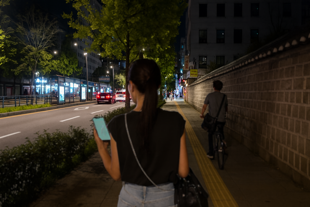 夜のソウルでスマホ地図を確認しながら歩く女性旅行者の後ろ姿。海外では安定した通信が安心につながることを示すイメージ。