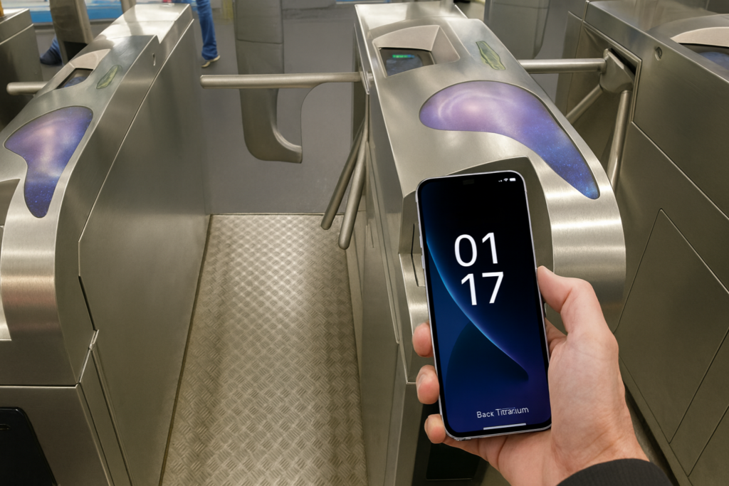 海外の地下鉄改札で、スマホを手にルート確認やQRチケットを表示しながら移動する旅行者。旅先ではデータ通信が移動の必須要素になることを示す写真。