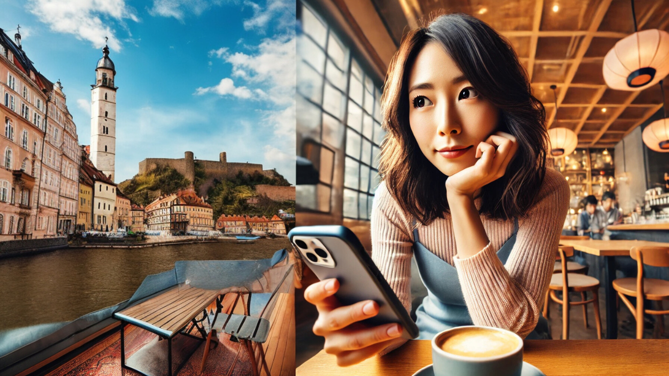 ヨーロッパ旅行中にスマートフォンでeSIMを利用する女性のイメージ。カフェでスマホを使う日本人女性と川沿いの街並みが写るVOYAGEESIMレビュー記事のアイキャッチ画像。