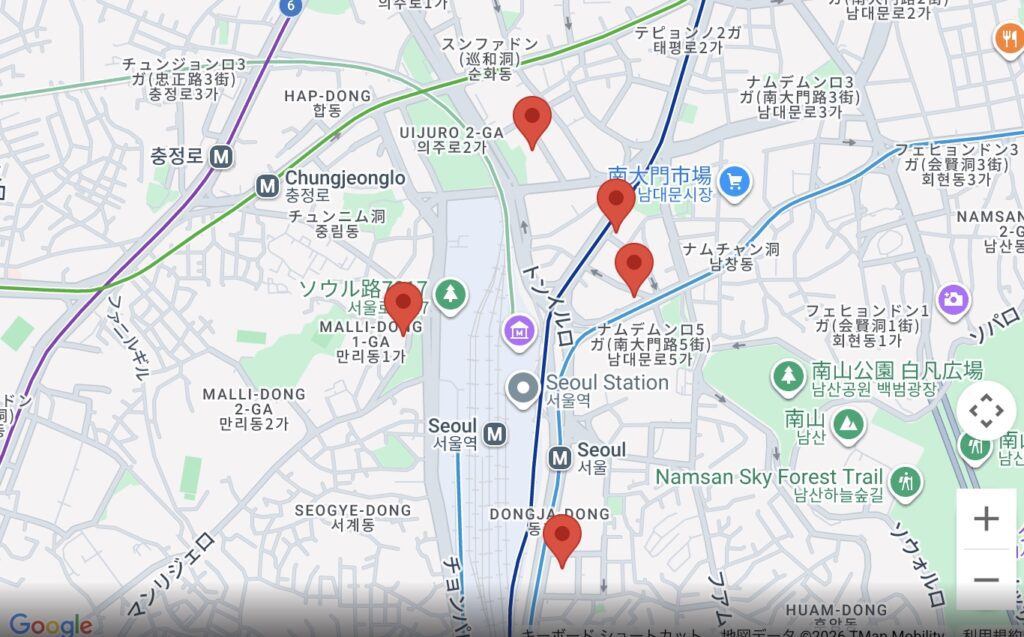ソウル駅〜南大門市場周辺の地図スクリーンショット（ホテル候補の位置をピン表示）